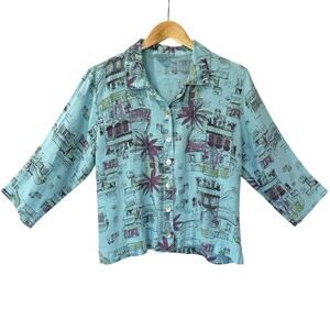 Habitat Linen Button Shirt Size M Cityscape Buildings Palm Trees Tropical Urban